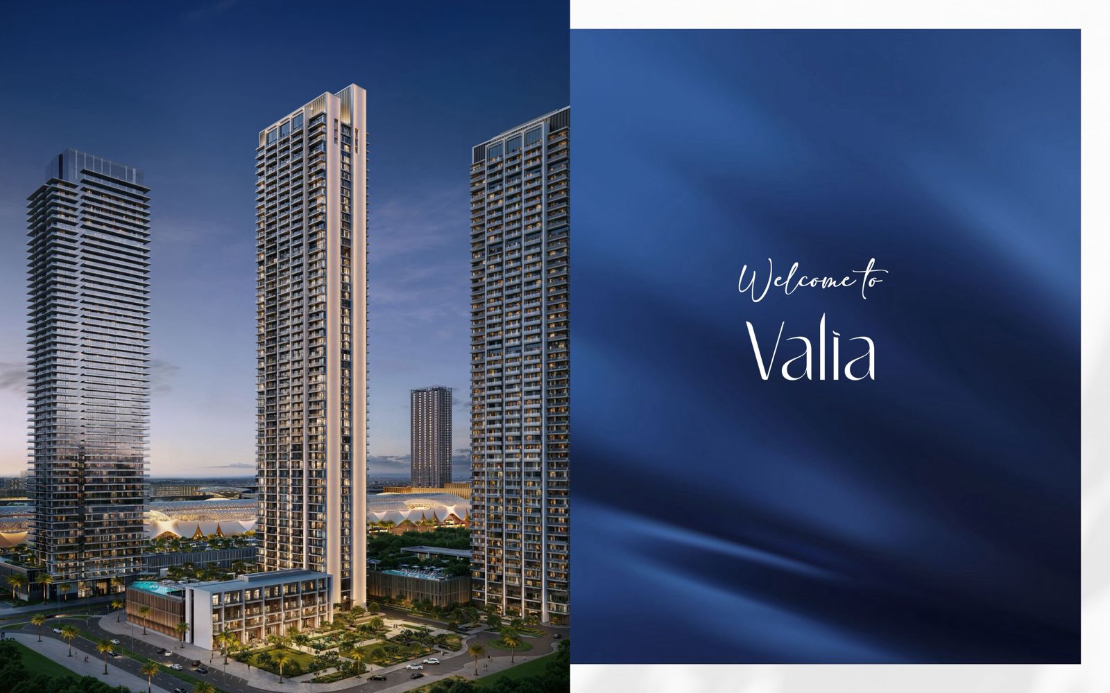 Valia tower exterior at dusk with Dubai skyline